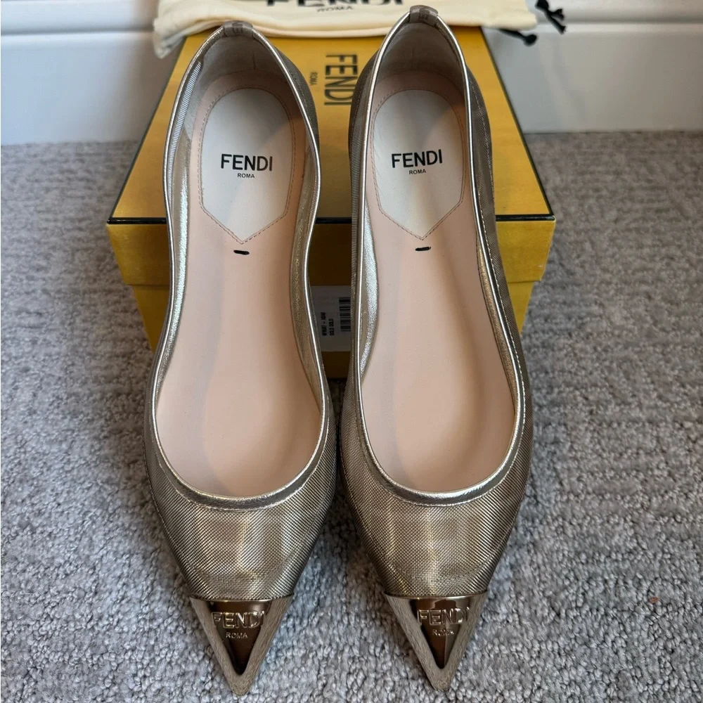 FENDI Colibri Ballerina FF Logo Mesh Pointed Cap Toe Ballet Flats Shoes